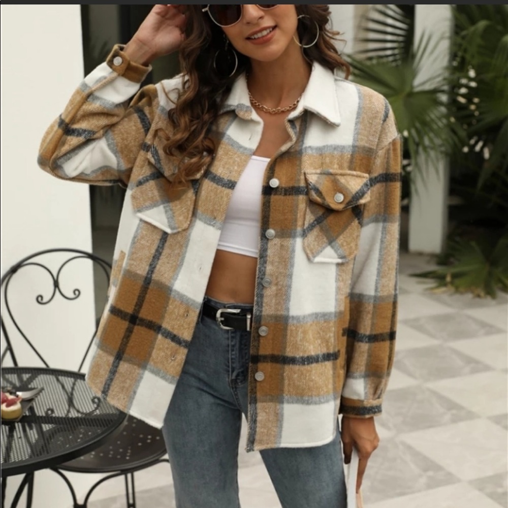 Womens Casual Plaid Wool Blend Button Down Long Sleeve Shirt Jacket Shackets
